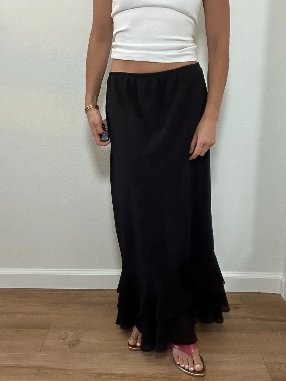 Vintage Dressbarn Y2K Black Ruffle-Hem Maxi Skirt Rosette Chiffon Size L - Picture 7 of 12
